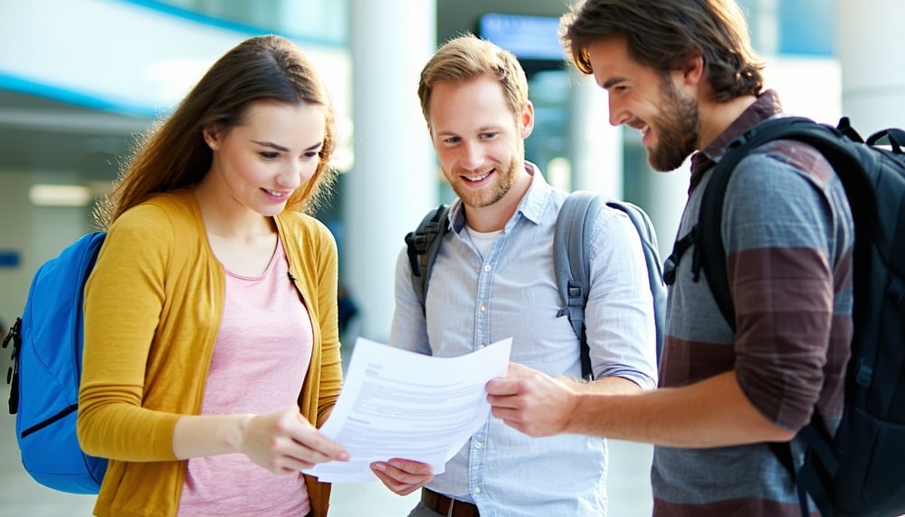 Travelers reviewing legal documents before a trip Travelers reviewing legal documents before a trip